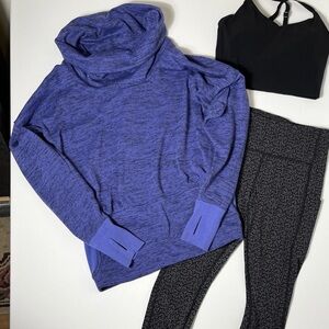 Athleta purple cowl neck M/Athleta Black textured tight Legging S/Athleta bra XS